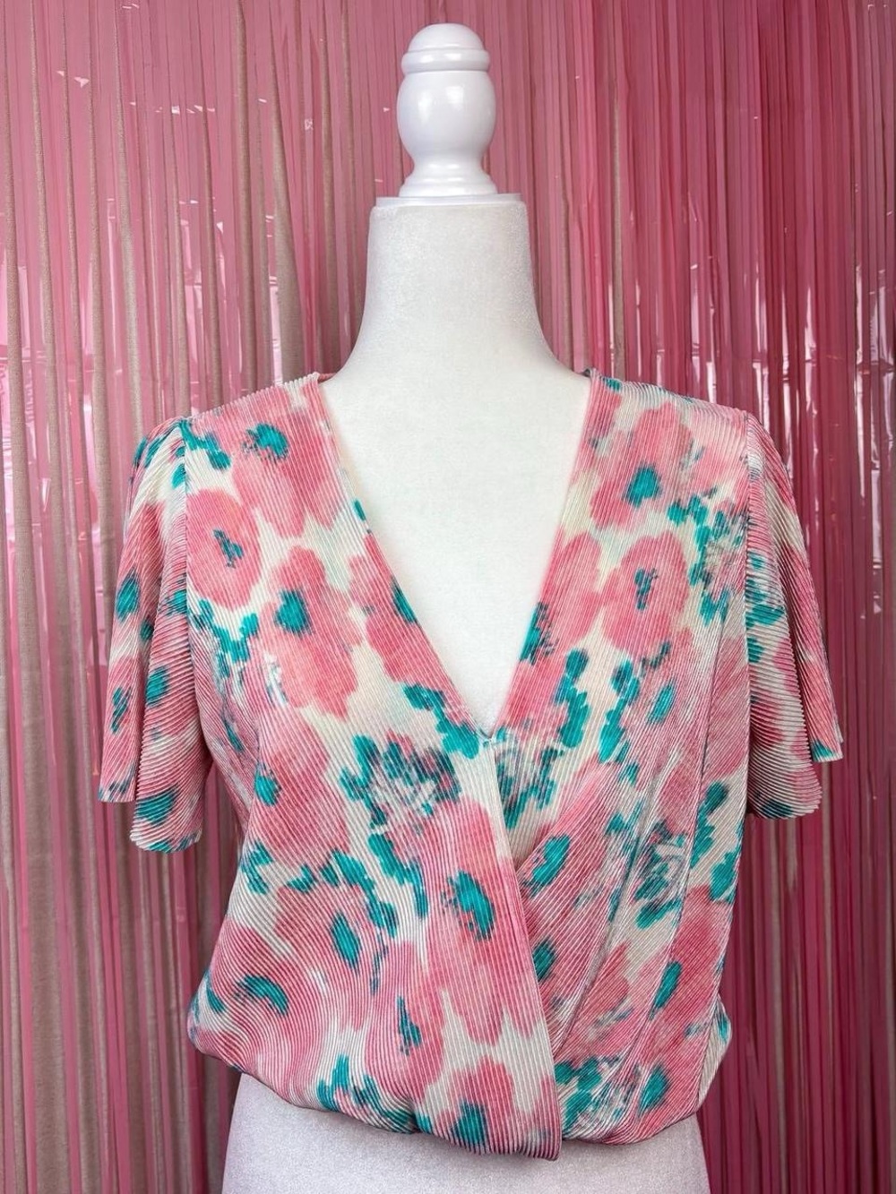 Astr Pink & Teal Floral  Blouse SZ M